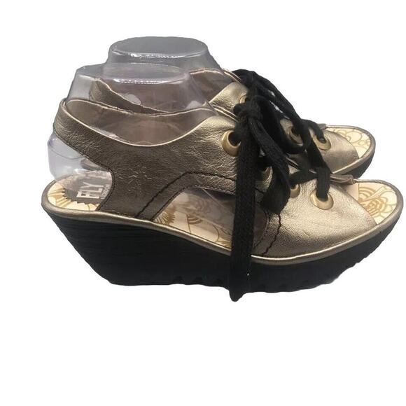Fly London Sandals Womens 8 Ylva Wedge Metallic Gold Lace Up Slingback EU 39 - Picture 1 of 8